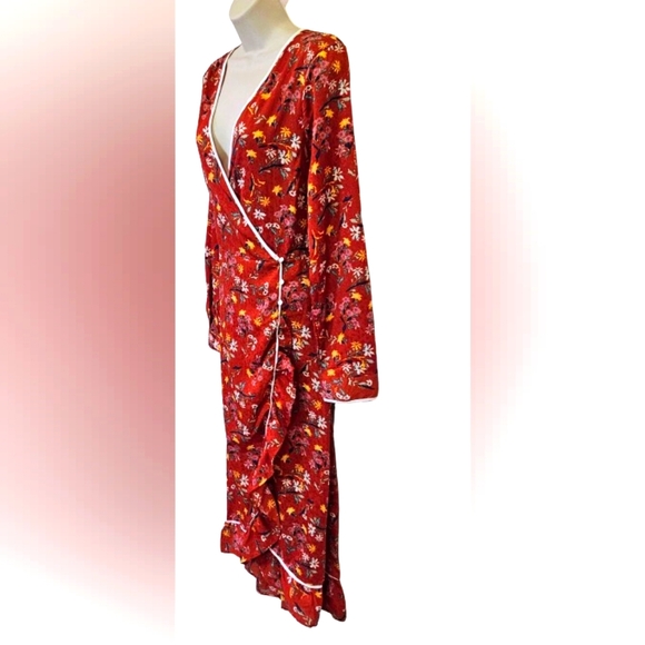 Free People Covent Garden Red Combo Wrap Midi Ruffle Dress,Size 10,NWT - Picture 3 of 16